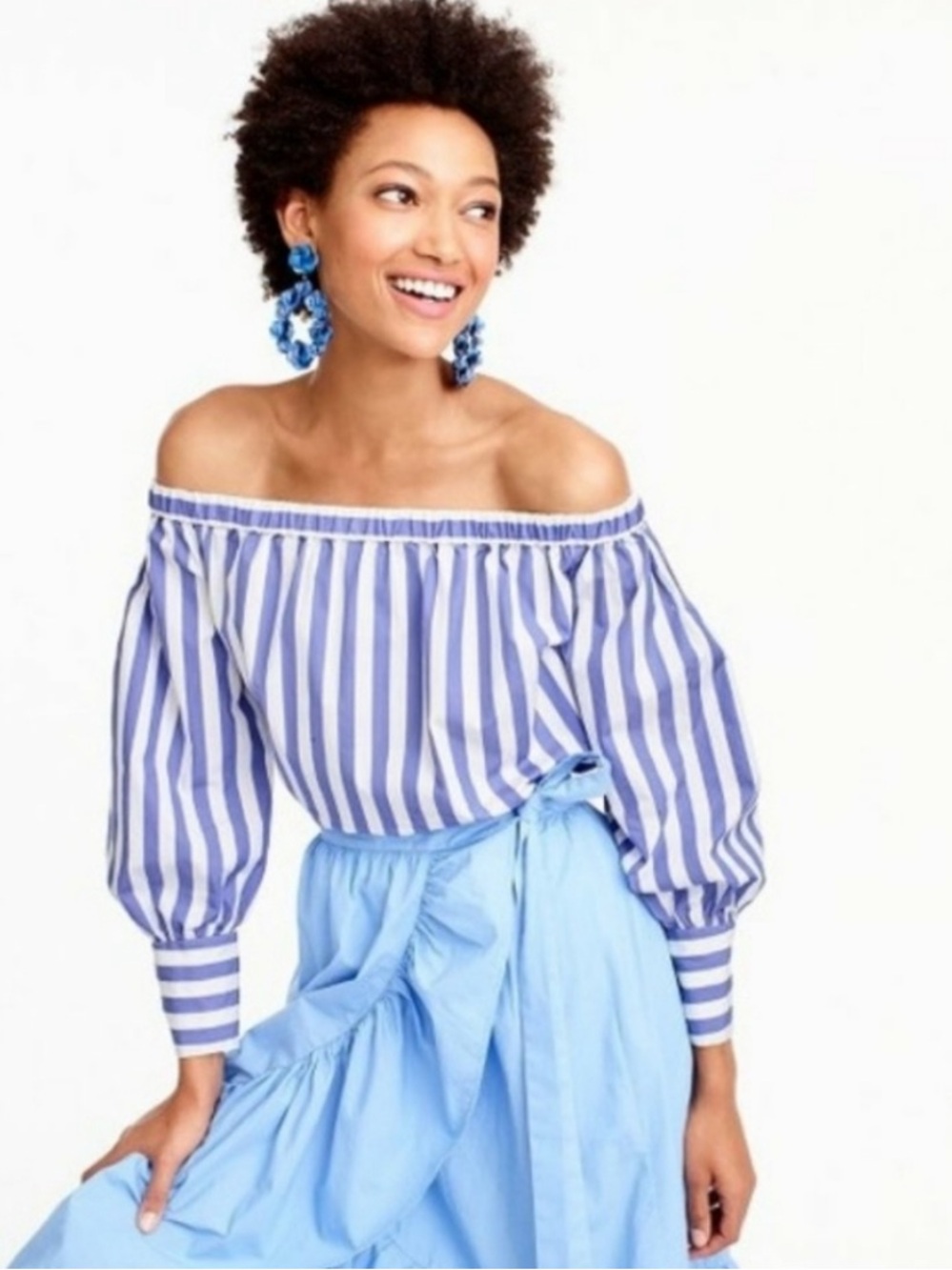 J Crew x Thomas Mason blue & white stripe off the shoulder long sleeve blouse